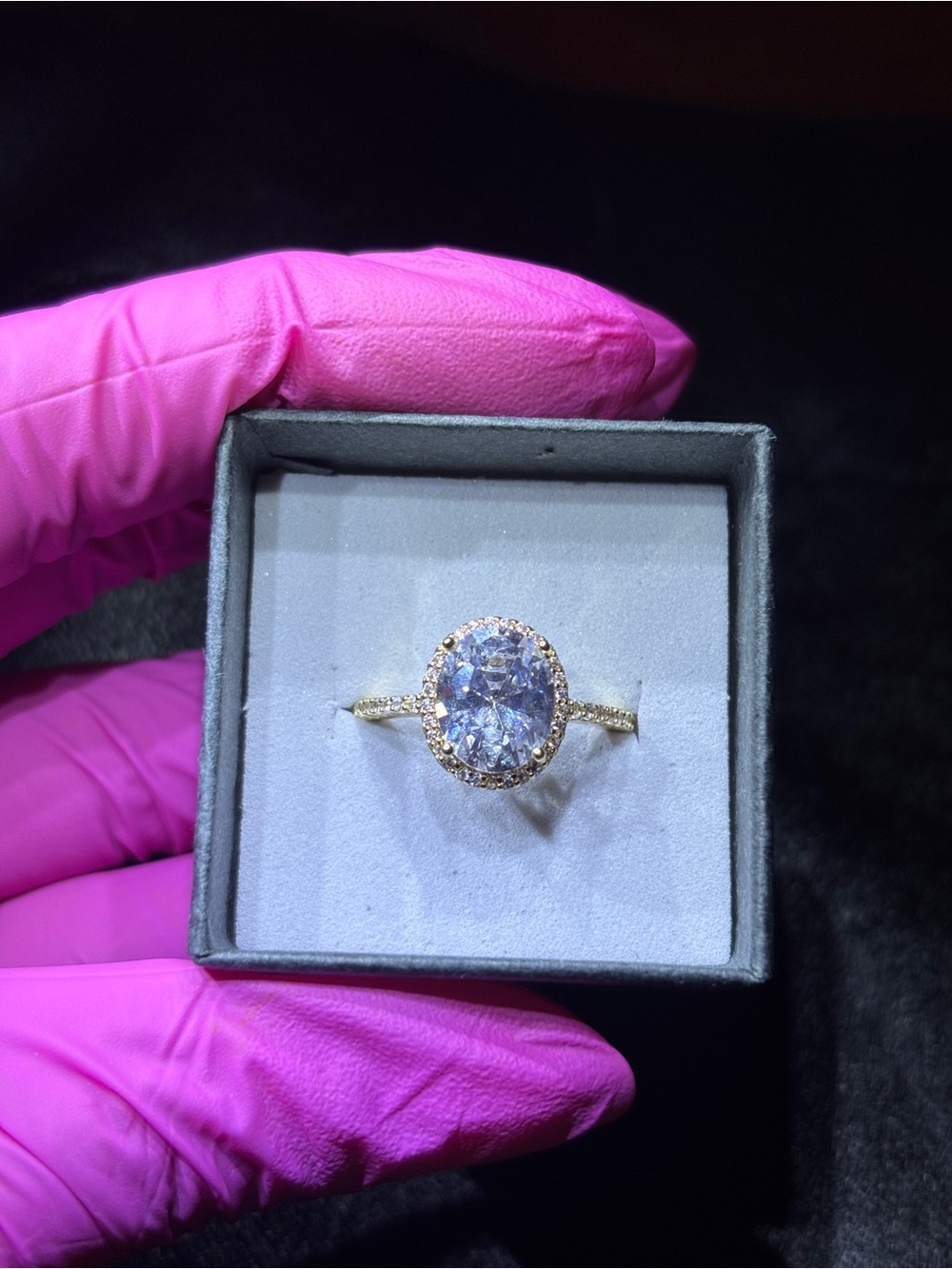 Yellow Gold AAA CZ Oval-Cut Halo Solitaire Ring Size 7 - Picture 14 of 15